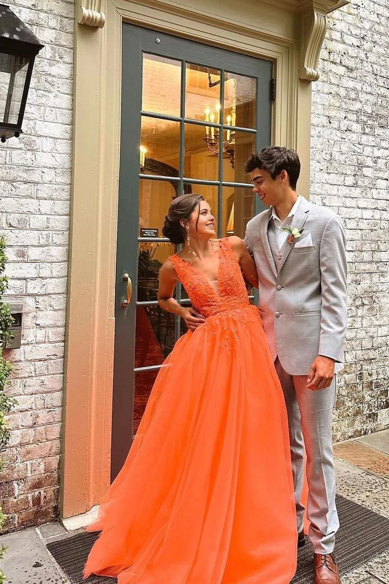 A-Line V Neck Romantic Orange Tulle Long Prom Dresses with Appliques
